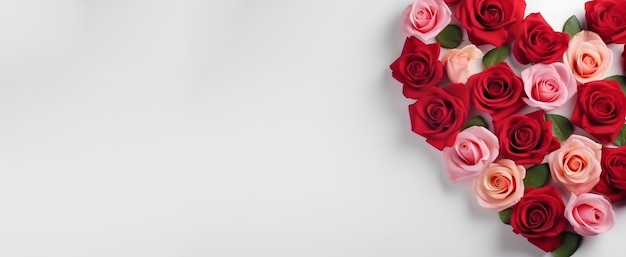 Bunte Rosen in Herzform auf weißem Hintergrund mit Platz für Text Liebeskonzept