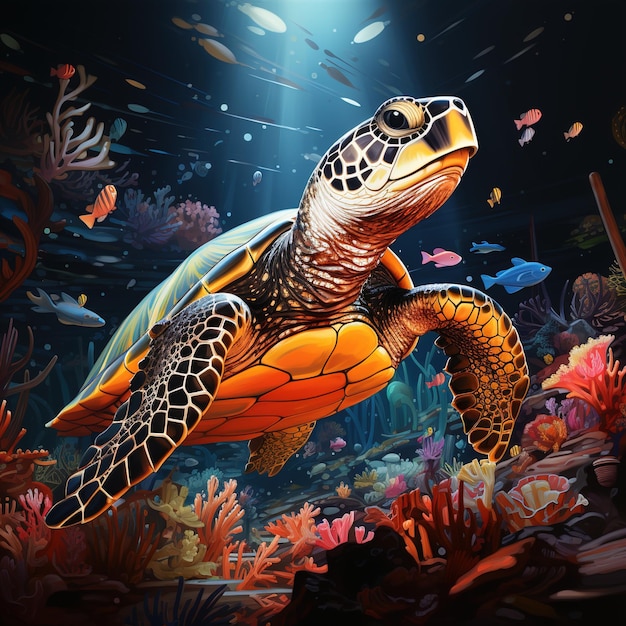 bunte Schildkröte mit bunten Fischen