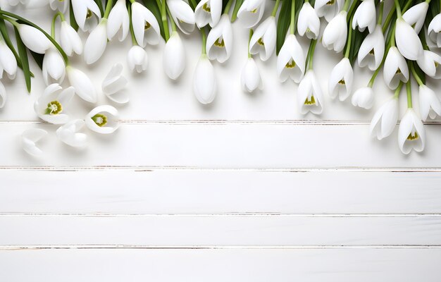 bunte Schneeflockenblumen auf einem weißen Holztisch