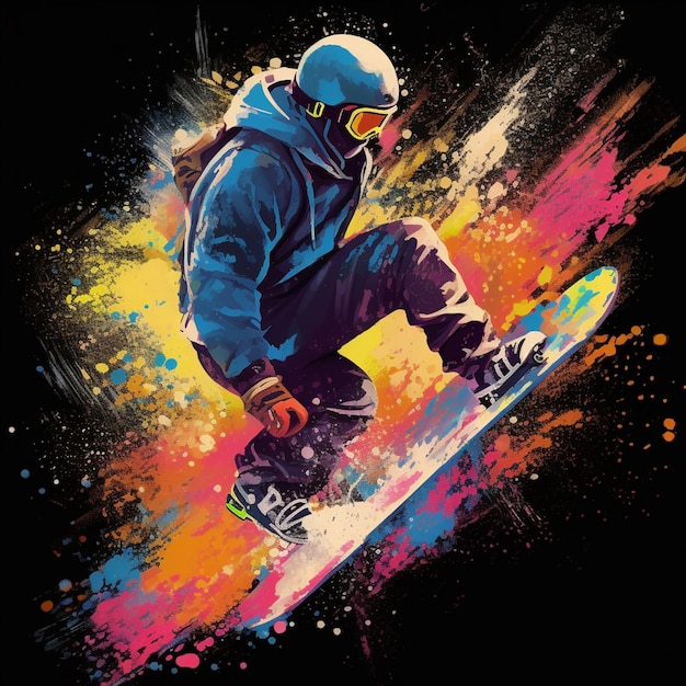 Bunte Snowboarder in blauer Jacke und Schutzbrille auf schwarzem Hintergrund generative KI