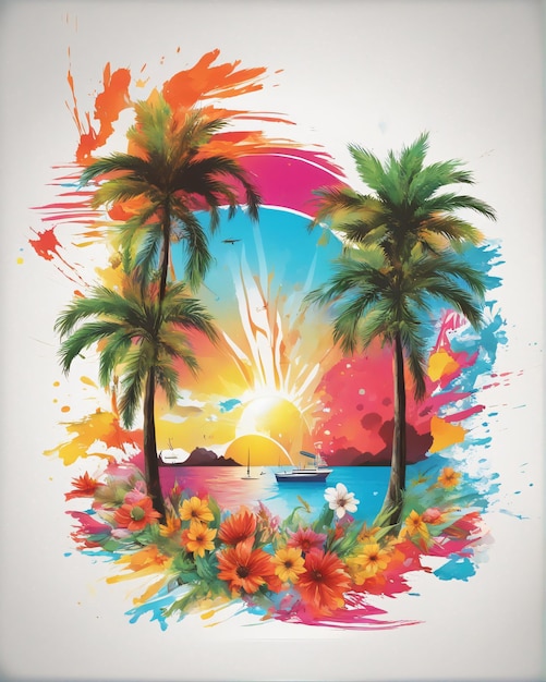 Bunte Sommerblumen mit Kokosnussbaum-Vektor-T-Shirt-Kunst