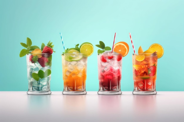 Bunte Sommercocktails in Gläsern mit Fruchtstücken Generative AI