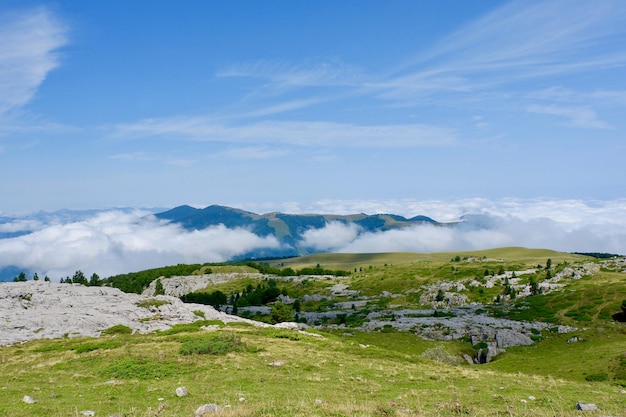 Bunte Sommerlandschaft über den Wolken des französischen Pyrenäen-Bergrandes Blick von der Bergspitze in Arrete France