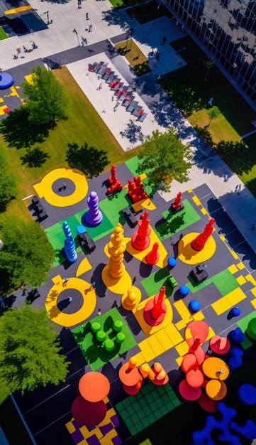 Bunte Spielgeräte in einem Park mit Bäumen und Gebäuden, generative KI