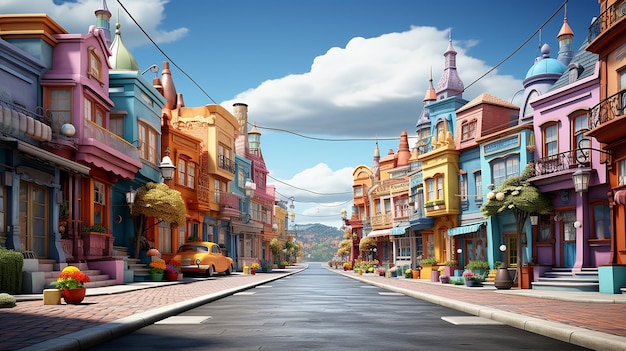 Bunte Stadt Ein 3D-Cartoon im Pixar-Stil