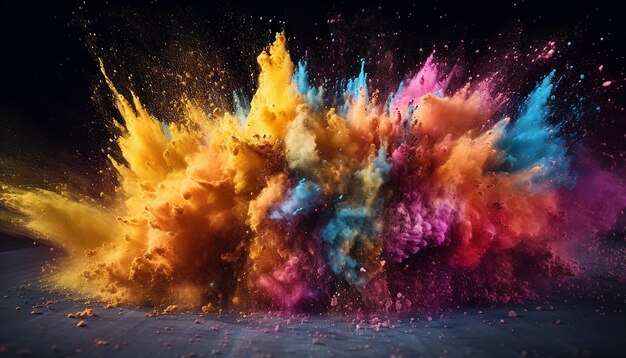 Bunte Staubexplosion im schwarzen Hintergrund. Kreative 3D-Tapetentextur