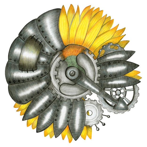Bunte Steampunk-Sonnenblume handgezeichnete Illustration Sonnenblume von Crayon gezeichnet