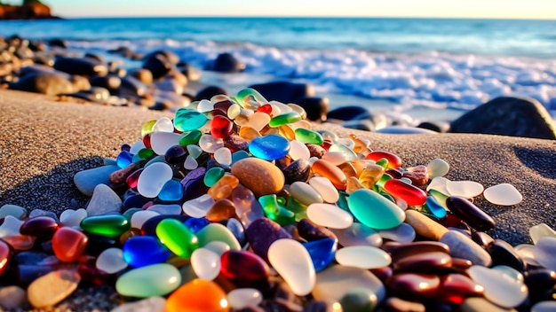 Bunte Steine am Meeresufer in den Sonnenstrahlen