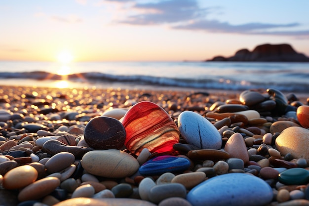 Bunte Steine am Strand bei Sonnenuntergang. Schöner natürlicher Hintergrund