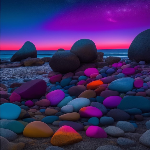 BUNTE Steinhaufen, die IN MITTERNACHT auf einem Strand liegen