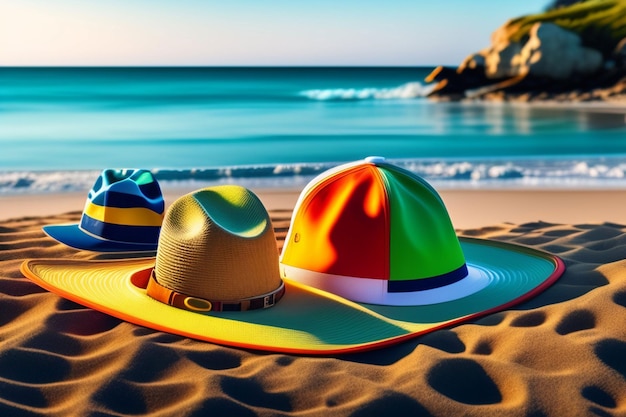 Bunte Strandhüte auf dem Sand bei Sonnenuntergang