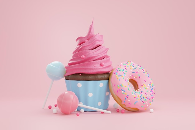 Bunte süße Donut-Cupcake-Desserts 3D-Rendering