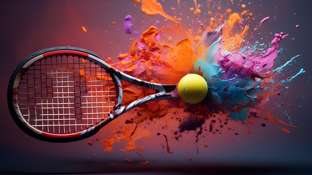 bunte Tennisschläger und Bälle auf farbenfrohem Hintergrund