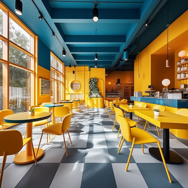 Bunte Tische und Stühle in einem farbenfrohen Restaurant mit generativer KI