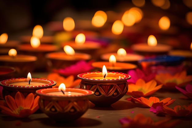 Bunte Ton-Diya-Lampen, die während der Diwali-Feier beleuchtet werden