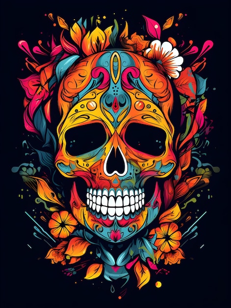 Bunte Totenkopfkunst mit Blumendesign-Schädel-T-Shirt-Designkunst