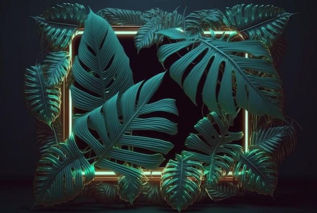 Bunte tropische Blätter mit Neonrahmen auf dunklem Hintergrund Generative KI