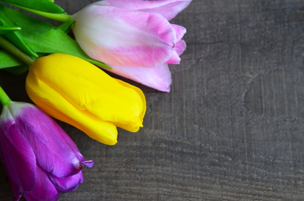 Bunte Tulpen auf altem Holztisch. Frühlingstulpenblumen für Muttertag