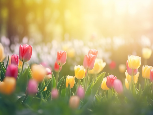 Bunte Tulpen auf einem Feld mit einer Sonne, die im Hintergrund scheint