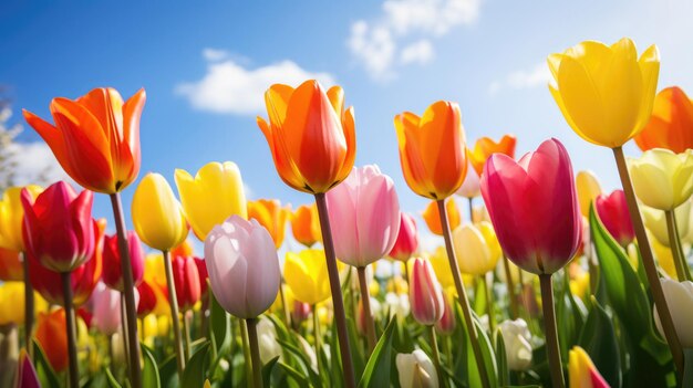 Bunte Tulpen in der Nahaufnahme an einem sonnigen Tag