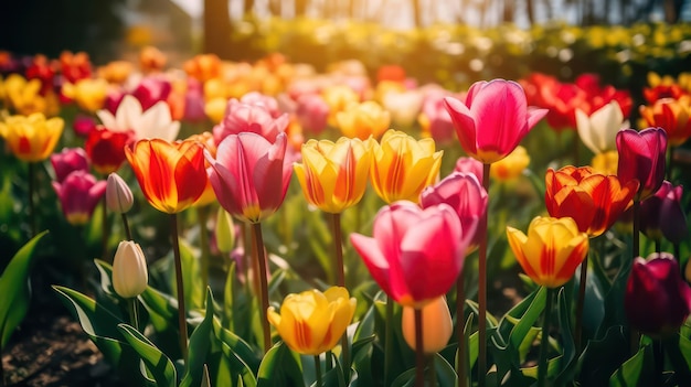 Bunte Tulpen in einem Garten, auf den die Sonne scheint