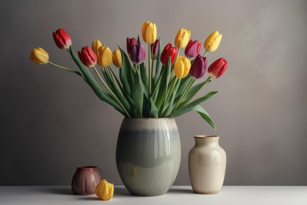 Bunte Tulpen in Vase auf hellem Hintergrund generatives ai