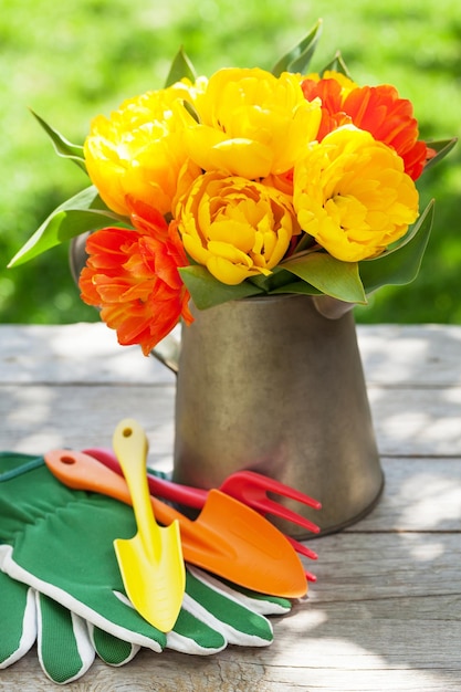 Bunte Tulpen und Gartengeräte