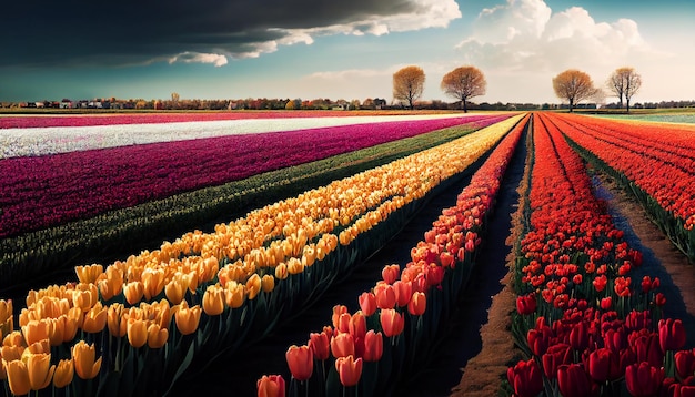 Bunte Tulpenfelder in einer weiten offenen Landschaft Ein Panoramablick auf blühende Wiesen Generative KI