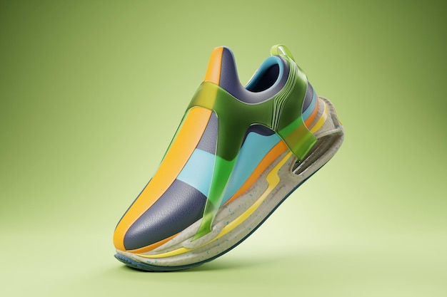 Bunte Turnschuhe auf der Sohle Das Konzept der hellen modischen Turnschuhe 3D-Rendering