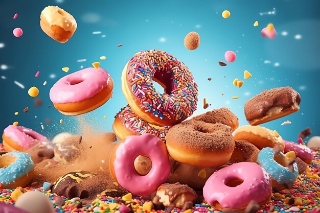 Bunte und leckere verschiedene Donuts mit bunten Zuckerstreuungen köstliches Dessert Donuts Hintergrund