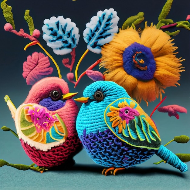 Foto bunte vögel und blumen aus wolle