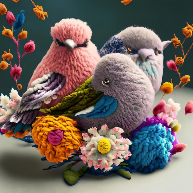 Bunte Vögel und Blumen aus Wolle