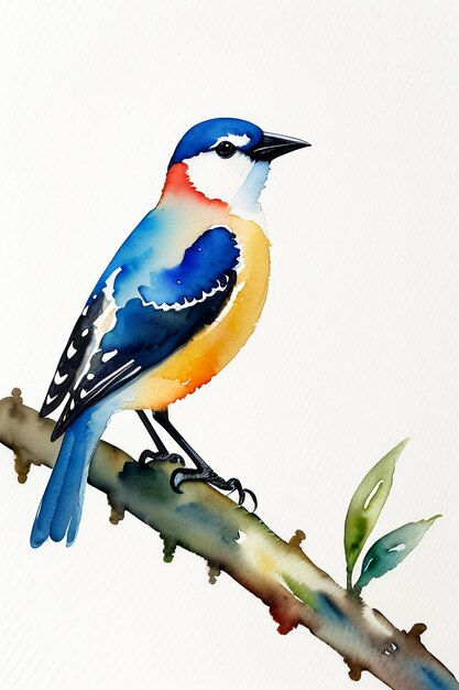Bunte Vogel-Tier-Tapeten-Hintergrundillustration im Aquarell-Tintenstil, die auf einem Ast steht