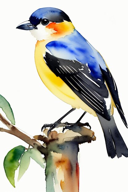 Foto bunte vogel-tier-tapeten-hintergrundillustration im aquarell-tintenstil, die auf einem ast steht