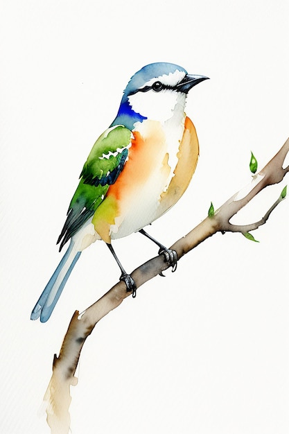 Foto bunte vogel-tier-tapeten-hintergrundillustration im aquarell-tintenstil, die auf einem ast steht