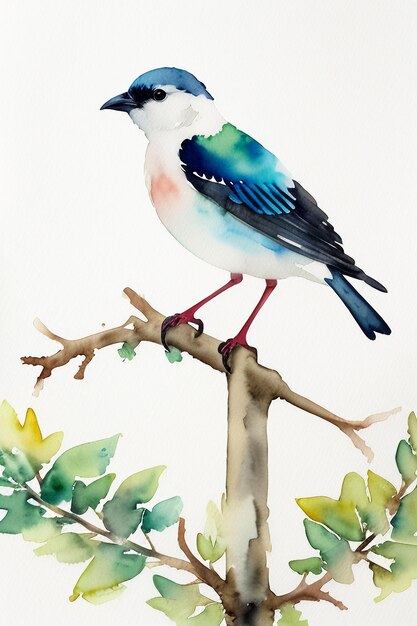 Bunte Vogel-Tier-Tapeten-Hintergrundillustration im Aquarell-Tintenstil, die auf einem Ast steht