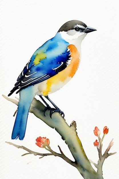 Bunte Vogel-Tier-Tapeten-Hintergrundillustration im Aquarell-Tintenstil, die auf einem Ast steht