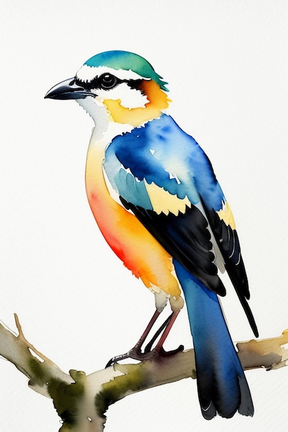 Bunte Vogel-Tier-Tapeten-Hintergrundillustration im Aquarell-Tintenstil, die auf einem Ast steht