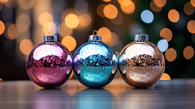 Bunte Weihnachtskugeln als Baumschmuck mit Bokeh-Kreisen aus reflektierendem Licht auf einem Glasboden