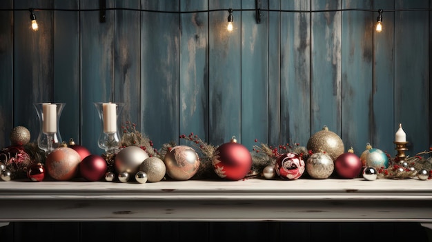 Bunte Weihnachtsutensilien auf einem Holzhintergrund auf dem Tisch