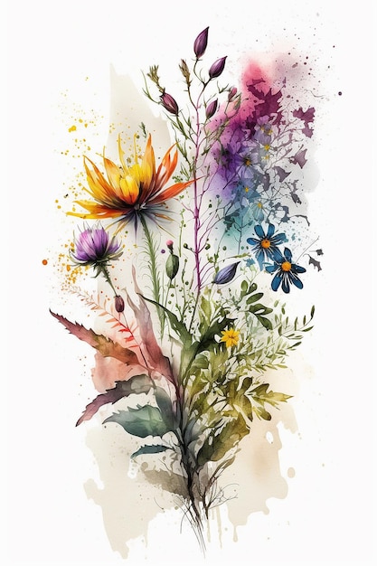 Bunte Wildblumen-Illustrationskunst auf weißem Hintergrund, Aquarell-Clip-Art, KI-generiertes Bild