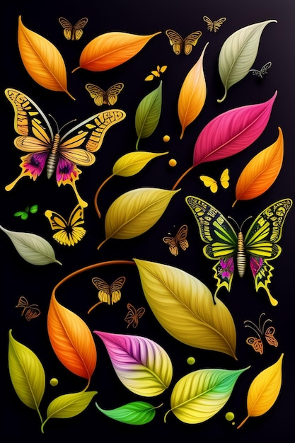 Bunte Wildblumen und Schmetterlinge auf hellschwarzem Papier, sehr detaillierte Illustrationsskizze