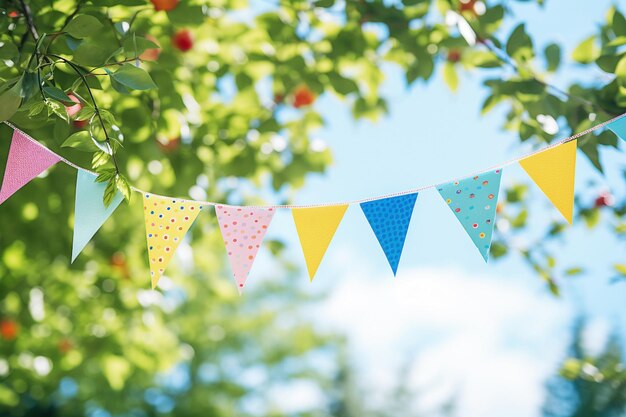 Bunte Wimpeldekoration in grünem Laub am blauen Himmel Sommerparty-Konzept