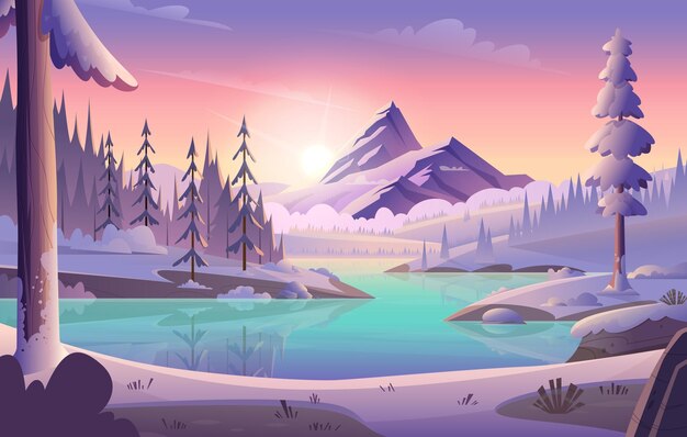 Bunte Winterlandschaft der Karikatur mit Felseneiswasser und Walddraufsicht der schneebedeckten Berge blau l