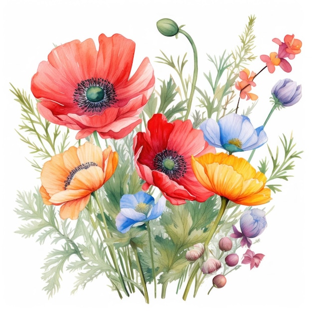 Bunter Aquarell-Frühlingsblumenstrauß