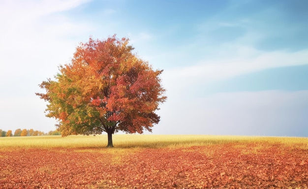 Bunter Baum allein auf dem Feld im Herbst Generative KI