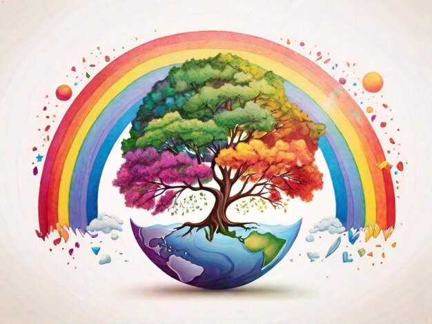 Bunter Baum mit Regenbogen und Erde im Hintergrund