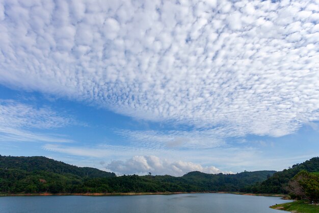 Bunter blauer Himmel und Wolken über Seelandschaftshintergrund