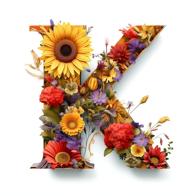 Bunter Blumen- und Sonnenblumen-Illustrationsbuchstabe K Generative KI
