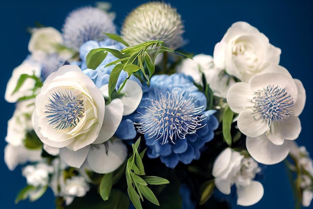 Bunter Blumenstrauß Klassische blaue weiße Rosendistelblumen und -grün